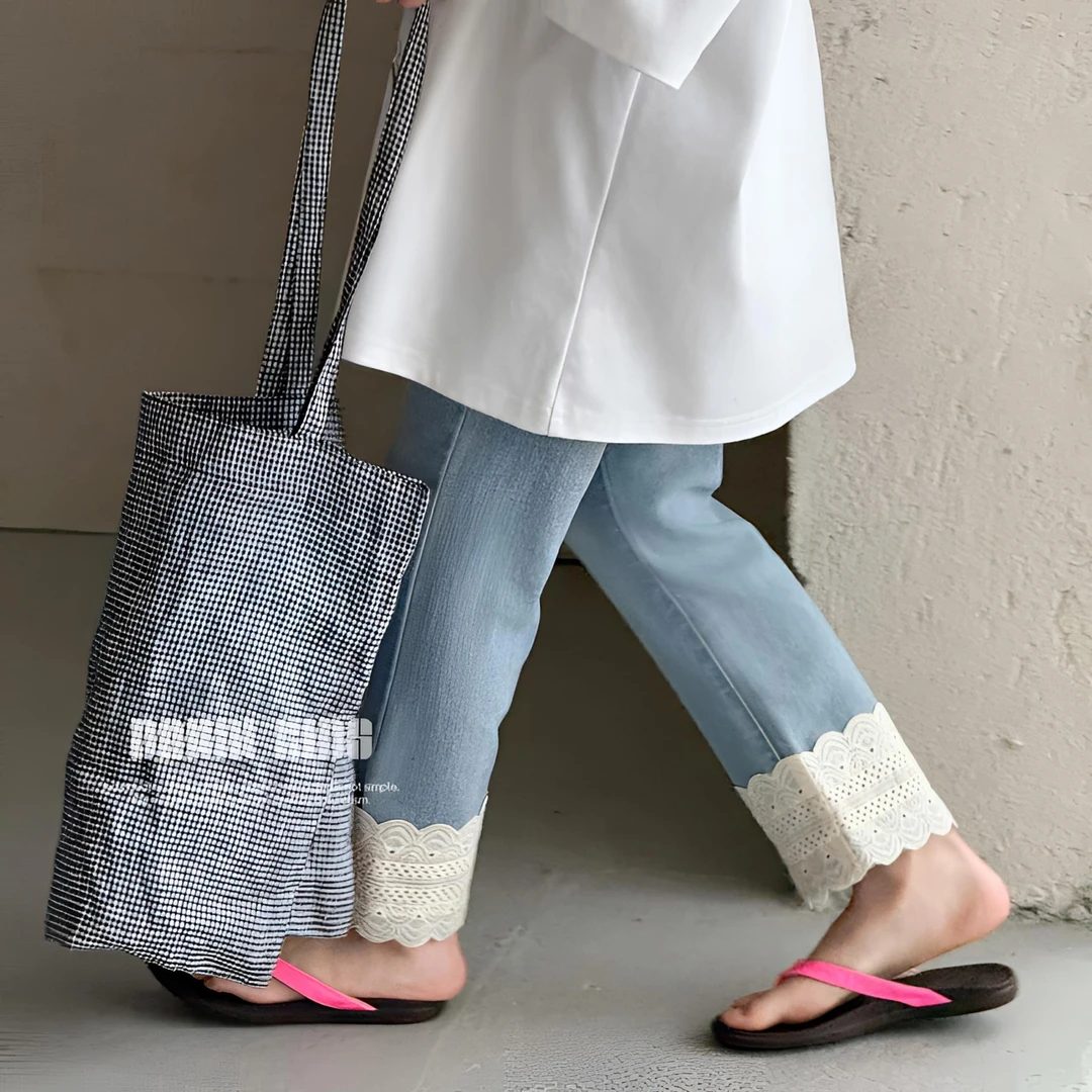 【嗒囜】女童牛仔裤春夏装蕾丝洋气儿童裤子独特时髦女孩直筒八分裤