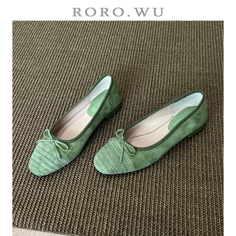 娆娆吴·羊反绒浅口简约蝴蝶结文艺舒适低跟一脚蹬百搭单鞋D749