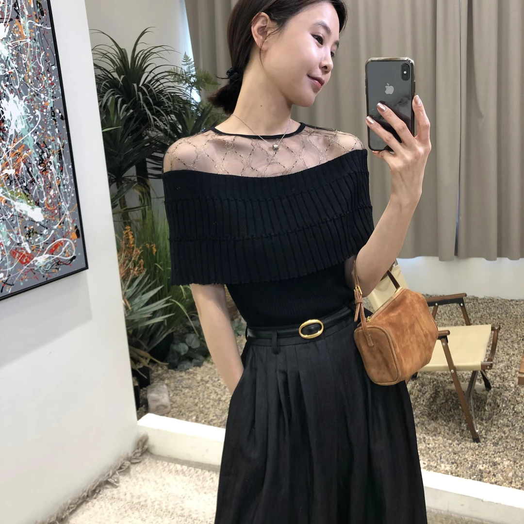 微醺～春夏法式气质一字领时尚百搭微透肩褶皱设计感细针织上衣女