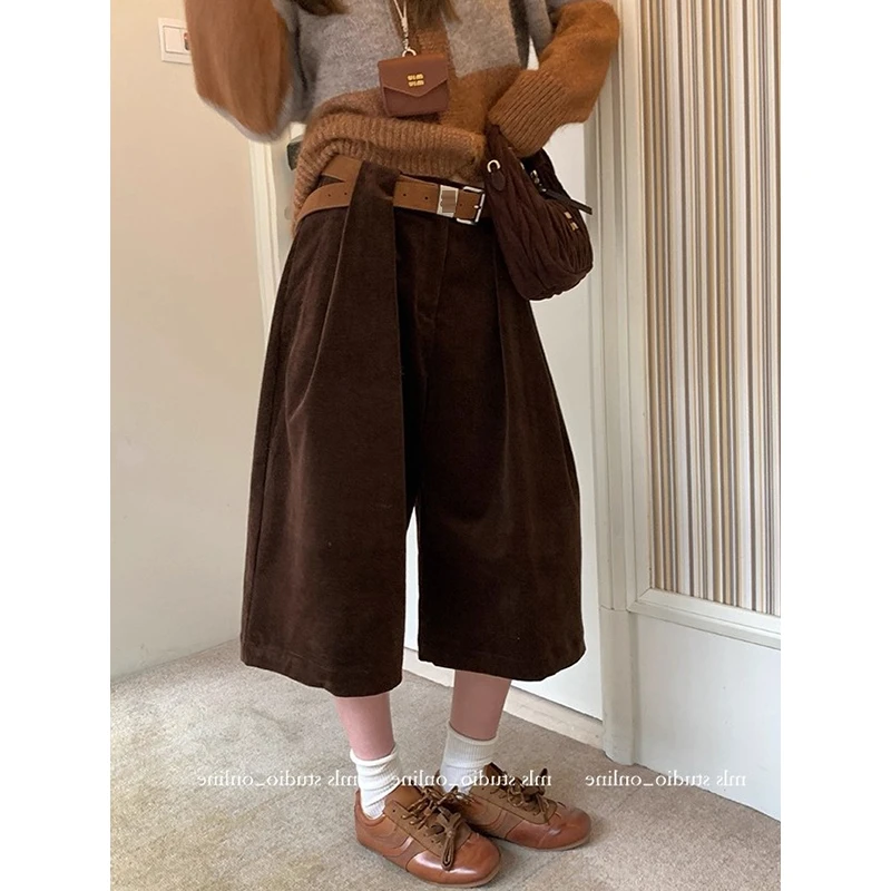 复古鹧鸪棕灯芯绒七分直筒裤子女2025秋季新款高腰掐褶宽松阔腿裤