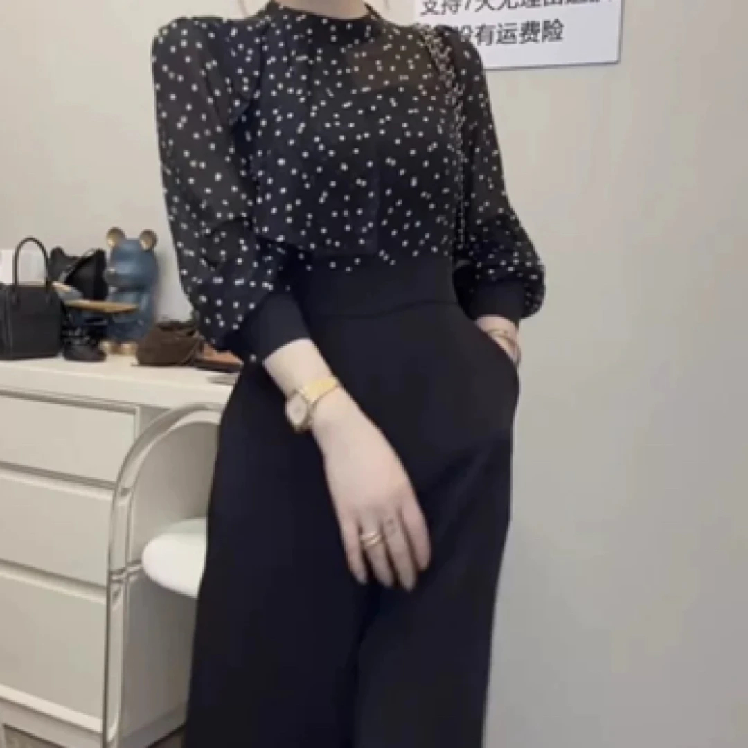 2025年春季网红新款时尚显瘦高端设计感气质波点拼接高腰连体裤女