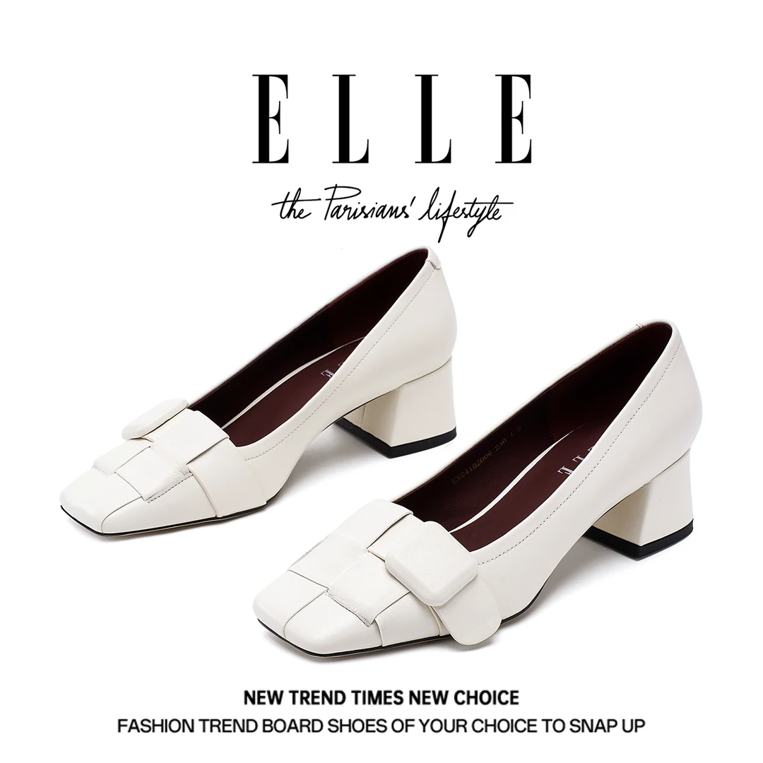 人间芭比ELLE超软羊皮粗跟气质单鞋女秋天爆款兰色高跟鞋玛丽珍鞋