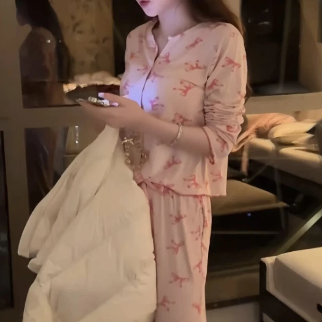 螺纹代尔棉甜美开衫长袖长裤睡衣女春秋季家居服套装