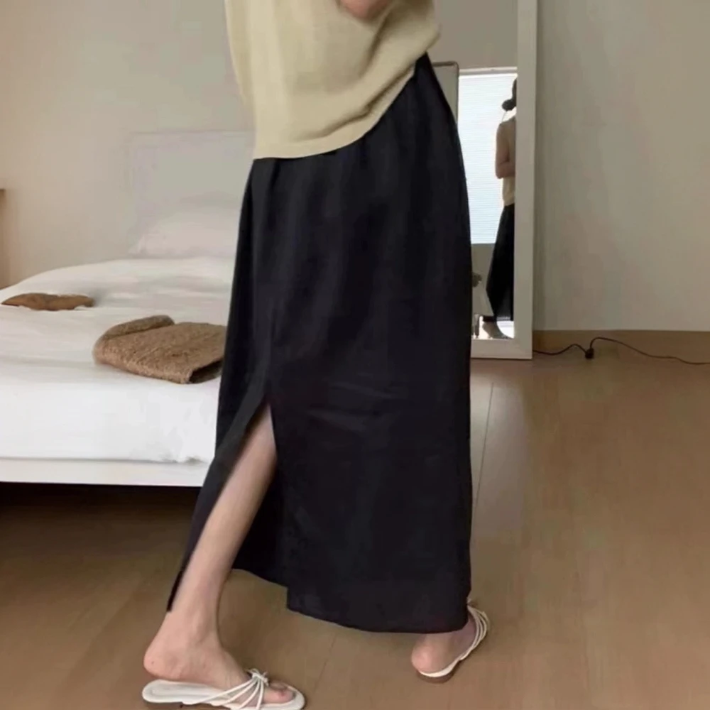 日系棉麻裙子半身裙女款夏季薄款中长款高腰直筒开叉气质a字长裙