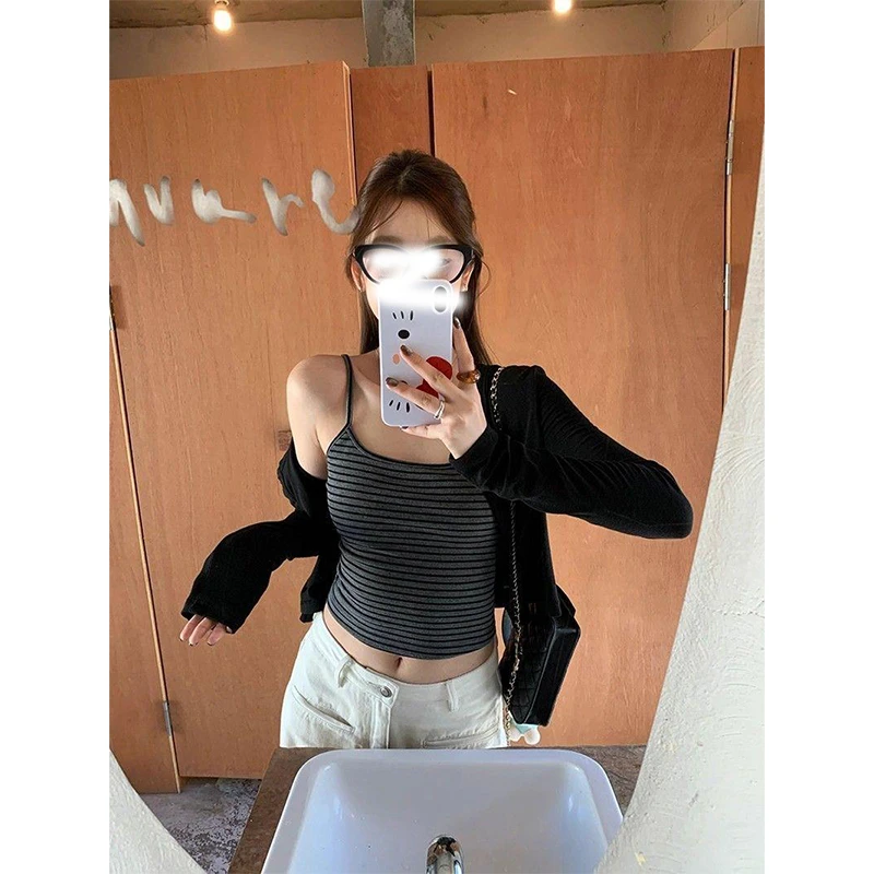 S-4XL好品质早秋季韩系慵懒风长袖防晒小开衫+吊带背心两件套套装