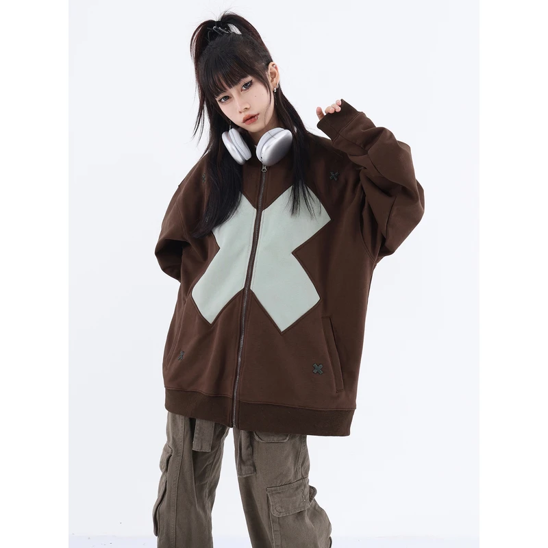 JUMPNEXT 国潮牌X计划水洗做旧复古宽松拉链开衫绿色卫衣外套情侣