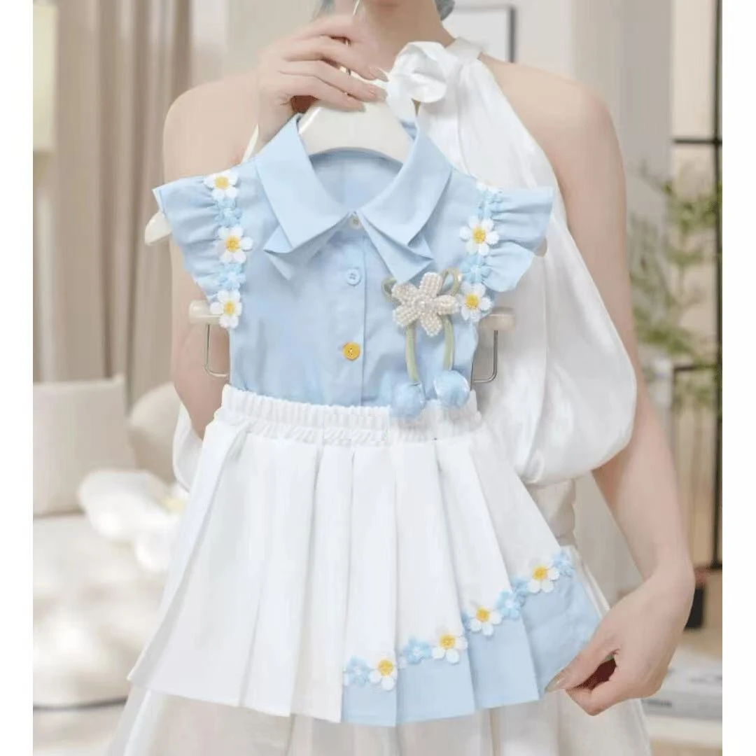 女童套装2025夏季新款花边袖上衣百褶裙两件套夏季洋气女宝宝童装