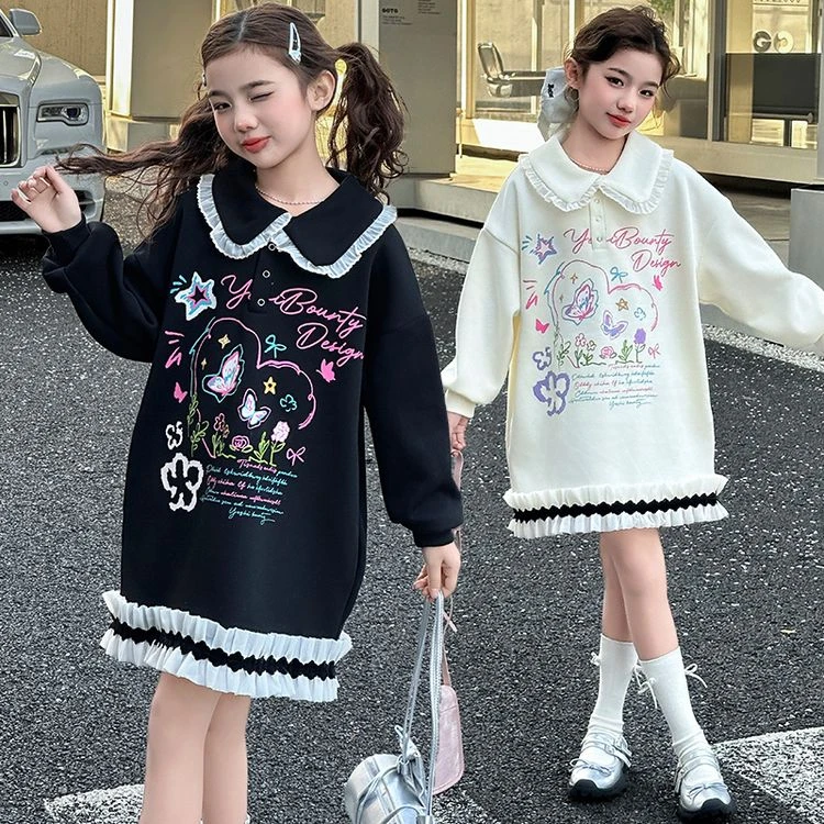 女童春秋装潮牌卫衣时尚拼色大童宽松t恤裙中长款初中生春季上衣