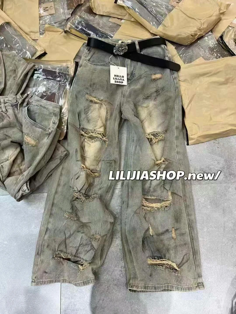 夏季新款女士显瘦高腰破洞废土风脏脏阔腿牛仔裤