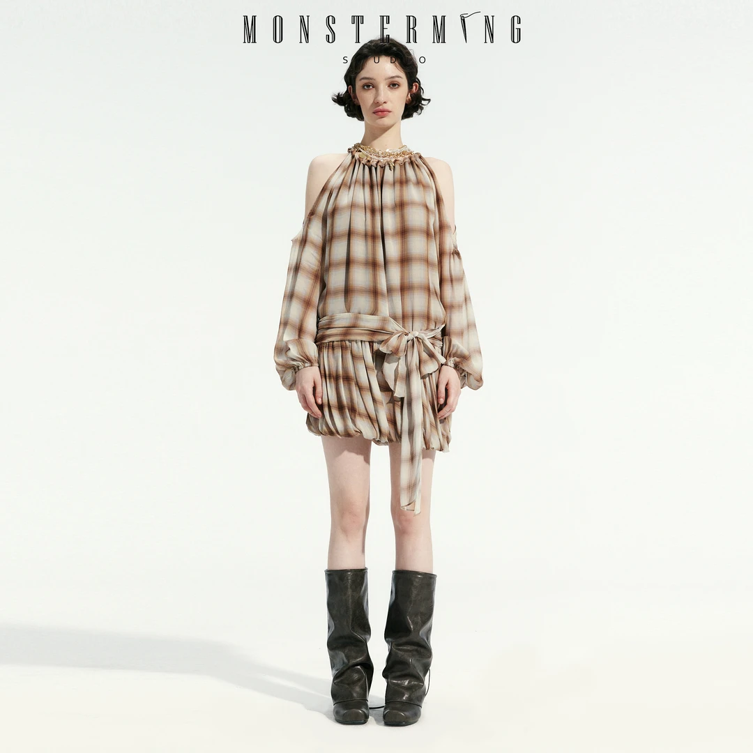 MONSTERMING  -Tartan Bloom-雪纺格纹露肩连衣裙