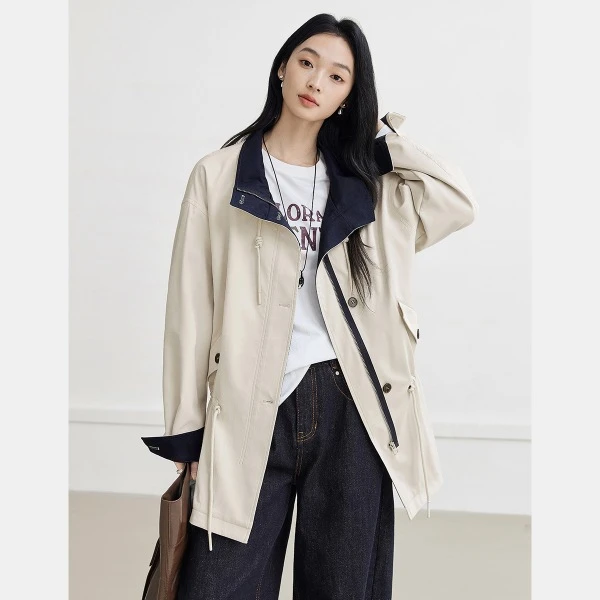 【女装优选WL】对白设计感撞色派克式风衣女宽松时尚外套FDF025