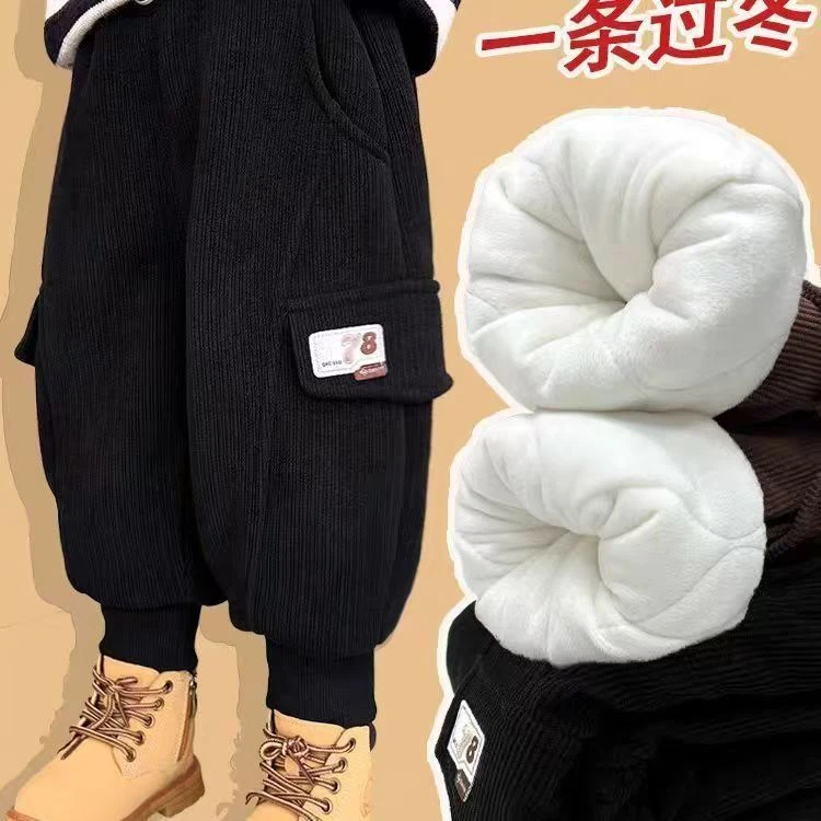 儿童棉裤冬季三层加绒加厚男童灯芯绒夹棉工装裤宝宝百搭休闲保暖