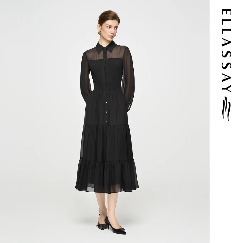 ELLASSAY歌力思2025早秋新款气质黑色雪纺连衣裙女EWD363Y02800
