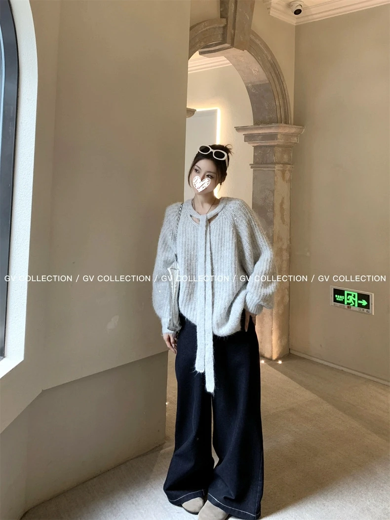 【松弛学院】 飘带棒针廓形慵懒风针织毛衣#8911