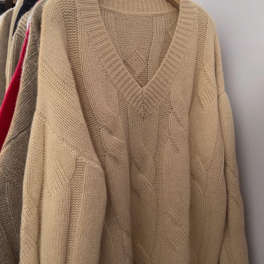 V领 大麻花 羊绒衫