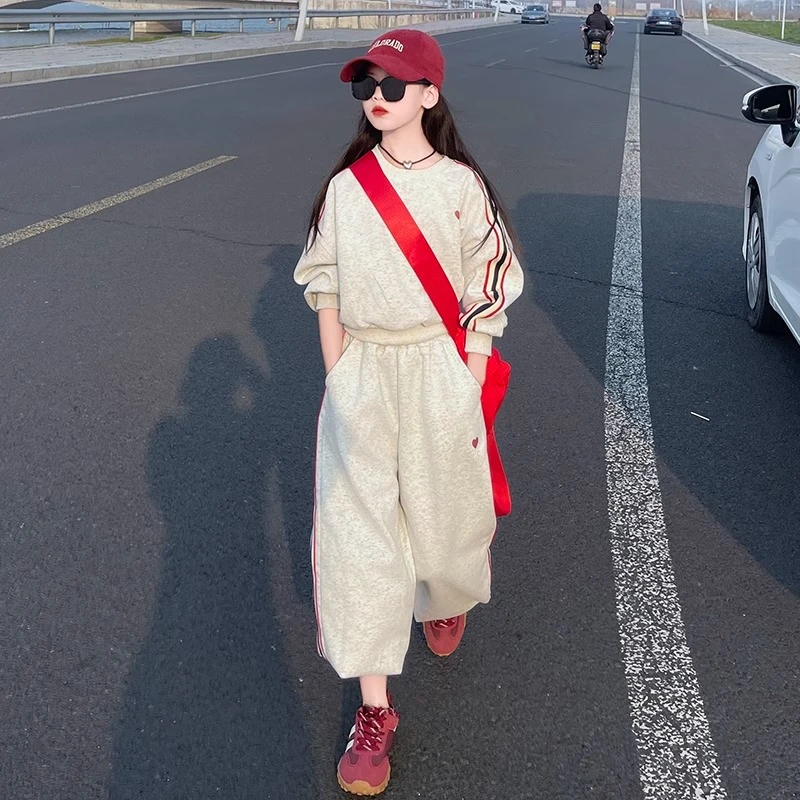 女童休闲运动套装2025新款春秋女大童洋气时髦秋冬加绒卫衣两件套