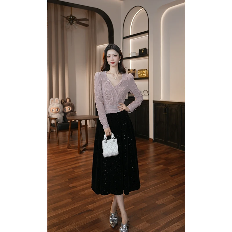 【岑岑专属】秋冬新款法式时尚名媛气质轻奢高腰拼接连衣裙45435