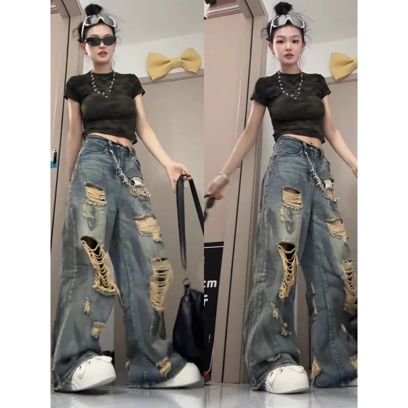 美式复古泼墨破洞牛仔裤女春夏2025新款设计感高腰显瘦阔腿拖地裤