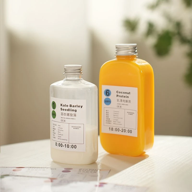 网红创意350ml轻断食果蔬汁扁方瓶子pet塑料瓶果汁瓶鲜榨杯奶茶瓶