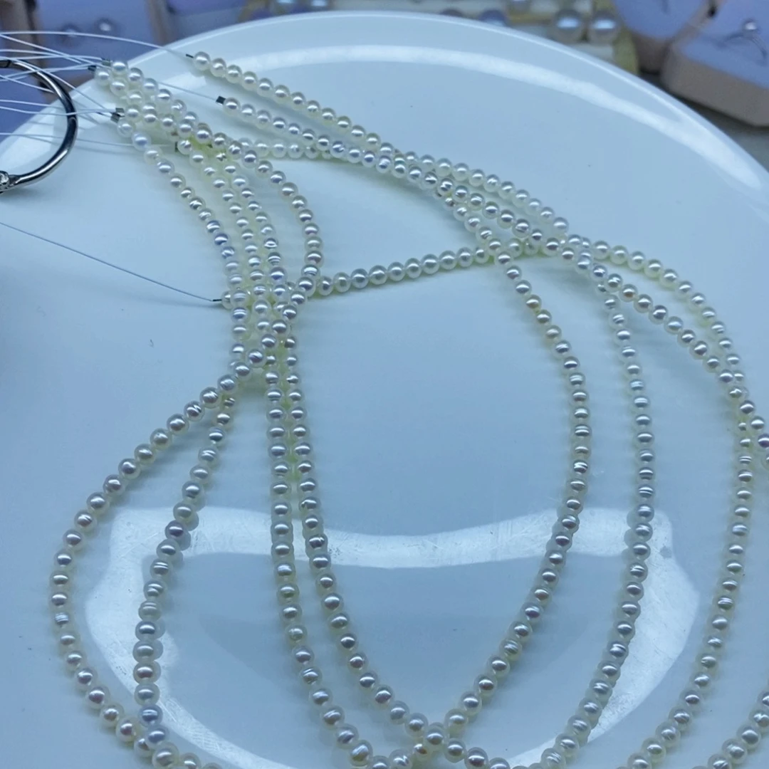 银S925镶嵌淡水珍珠天然珍珠白珍珠项链3-4m