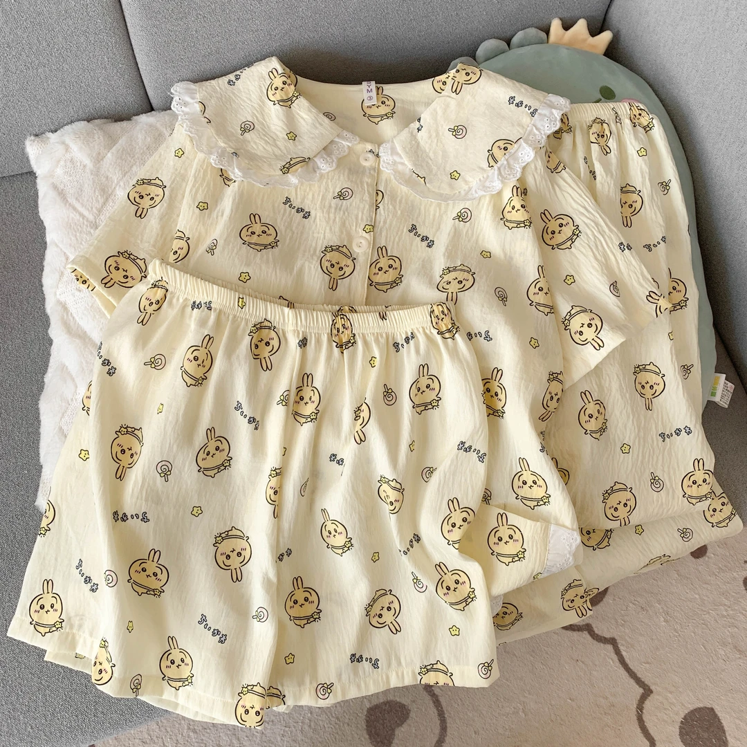 夏季短袖饼饼睡衣女黄色花边娃娃领卡通学生云朵棉三件套家居服