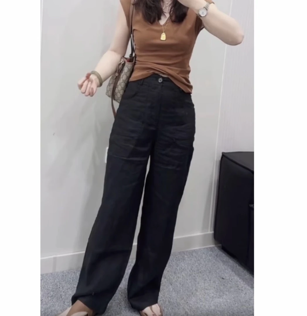 2025夏季新款高腰显瘦百搭休闲裤时尚潮流百搭长裤亚麻直筒裤