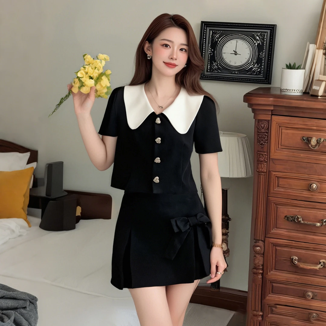 A【两件套】小香风娃娃领时尚套装女通勤短款西装上衣高腰半裙D0841