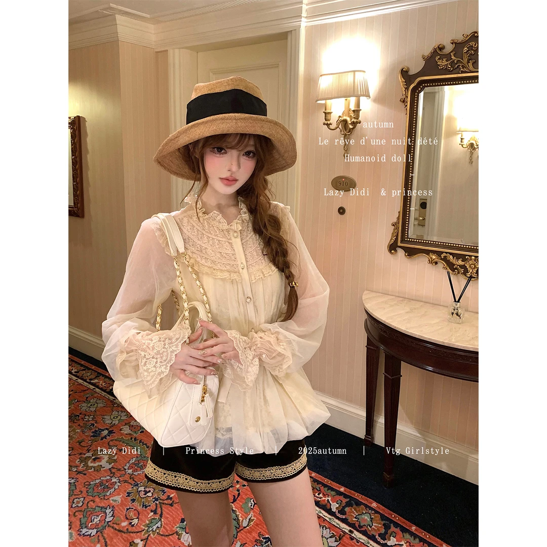 Lazy Didi羽纱锦缎 梦幻中古doll感蕾丝娃娃衫荷叶花边领花苞衬衫