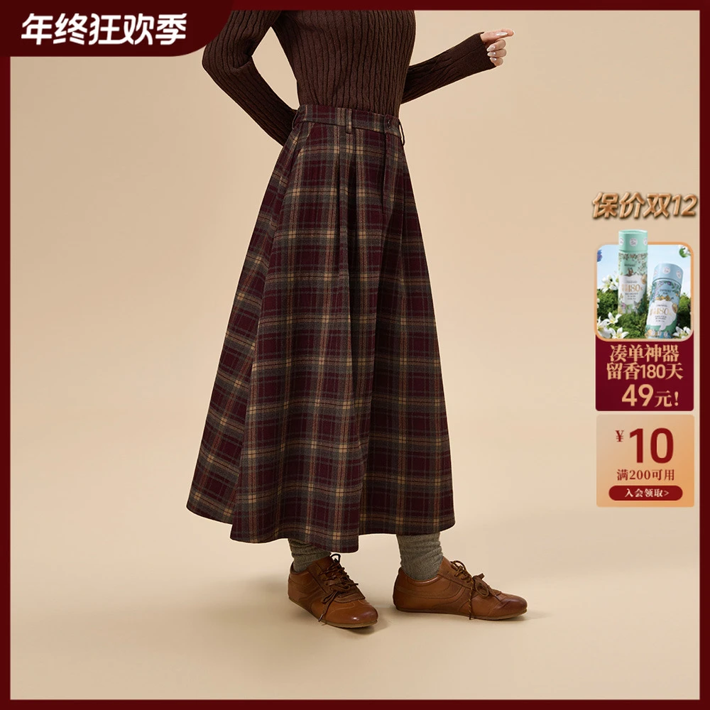 【红格纹裙】茵曼25冬季经典复古A字裙高腰百搭显瘦中长款半身裙子