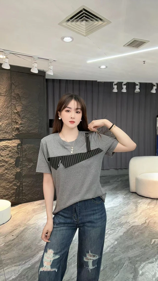 8859夏季新款时尚圆领拼接条纹小众设计百搭宽松短袖T恤