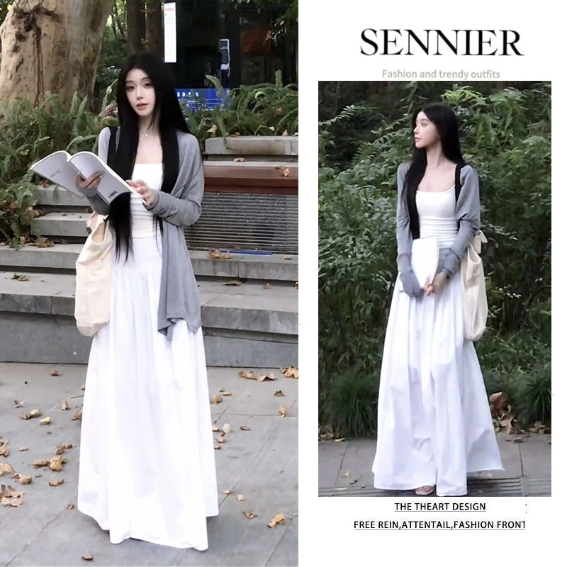 早秋氛围穿搭女2025新款清冷感百搭开衫显瘦吊带宽松半身裙三件套