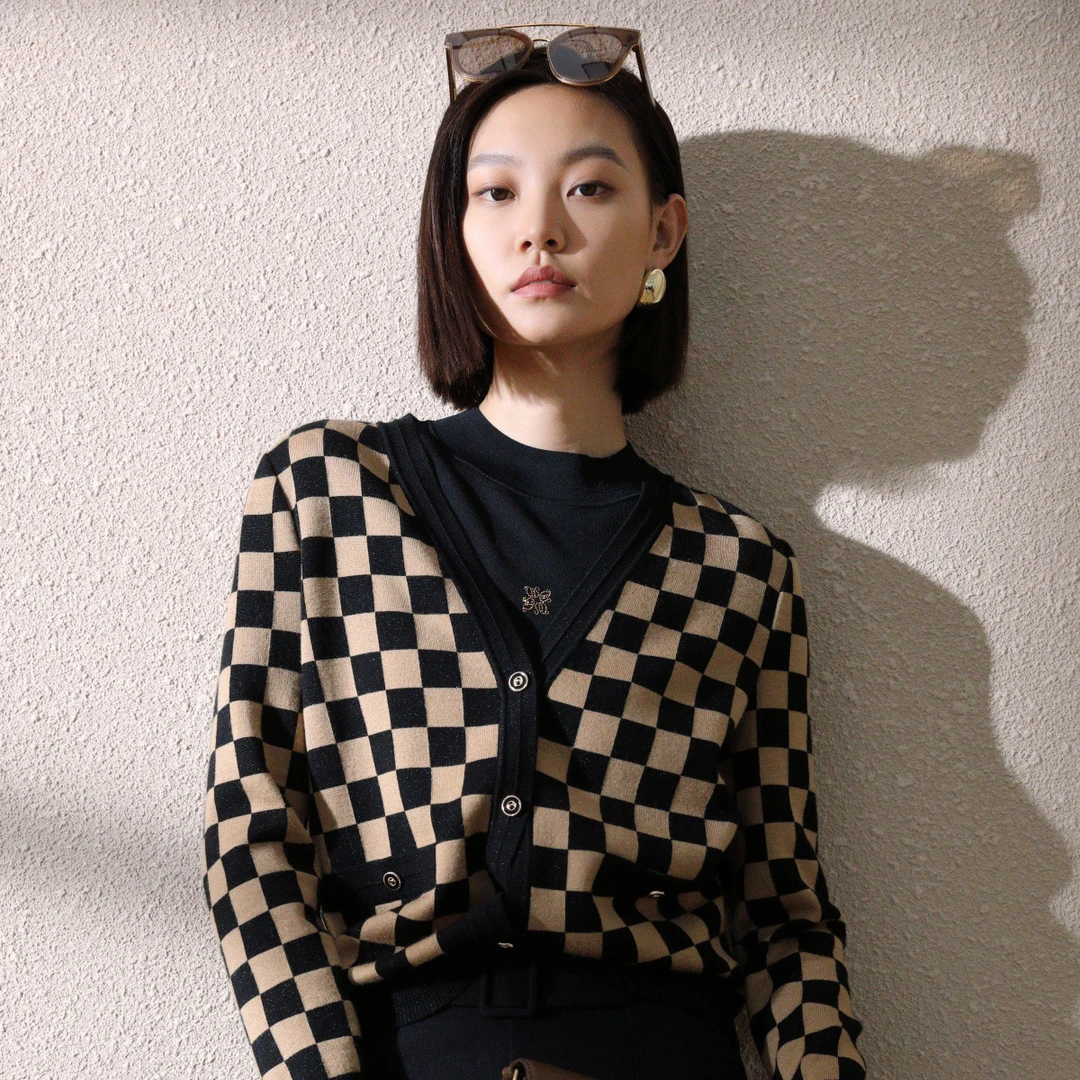 【婷婷专属】绵羊毛格子棋盘格通勤优雅时尚秋款针织衫外套开衫女
