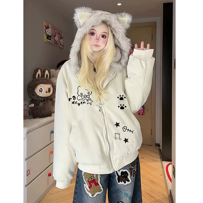 麂皮绒刺绣可爱耳朵连帽毛领棉服外套女冬季宽松夹棉加厚保暖棉衣