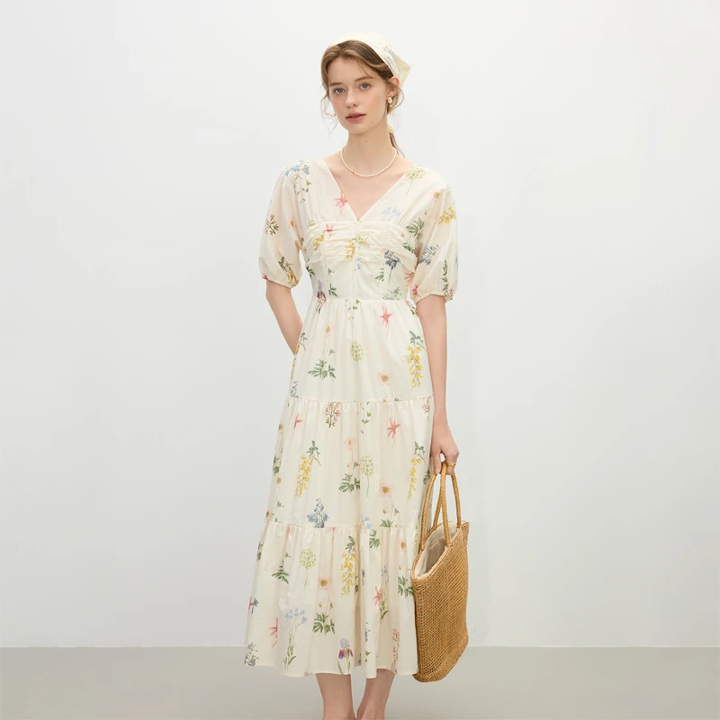 范思蓝恩植物花卉重工夏收腰甜美中长v领连衣裙25F