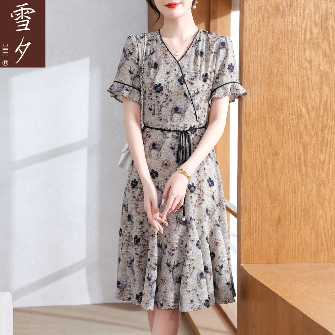 雪夕妈妈夏季连衣裙荷叶袖气质显年轻中老年女夏季印花系带长裙子