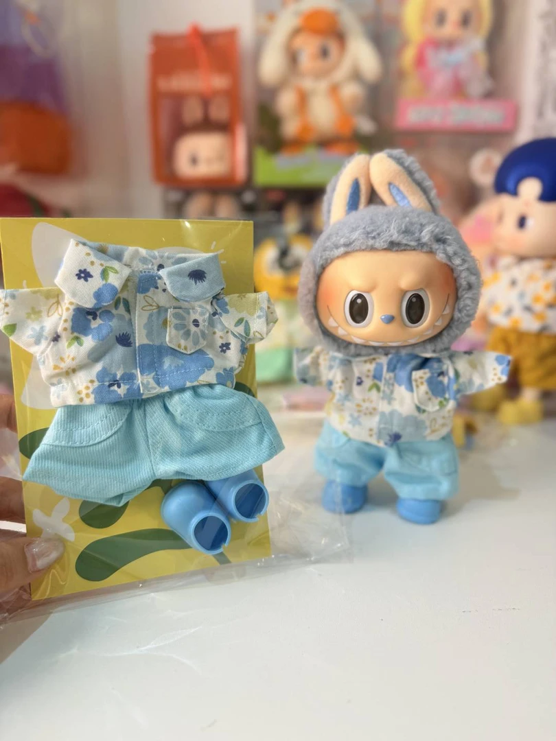 （不含娃）：17cm夏日拉布布花衬衫娃衣着替一三代labubu搪胶毛绒