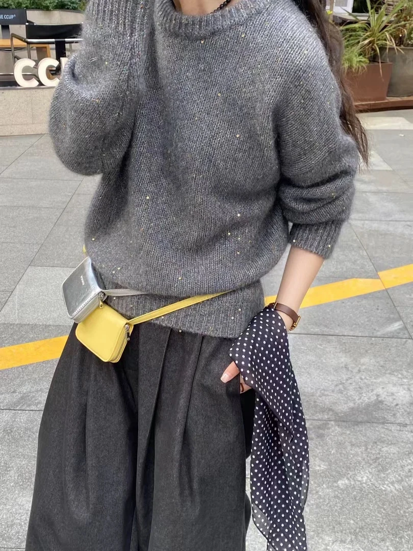 慵懒风亮片8358毛衣欧洲站2024秋季新款宽松圆领百搭长袖女装