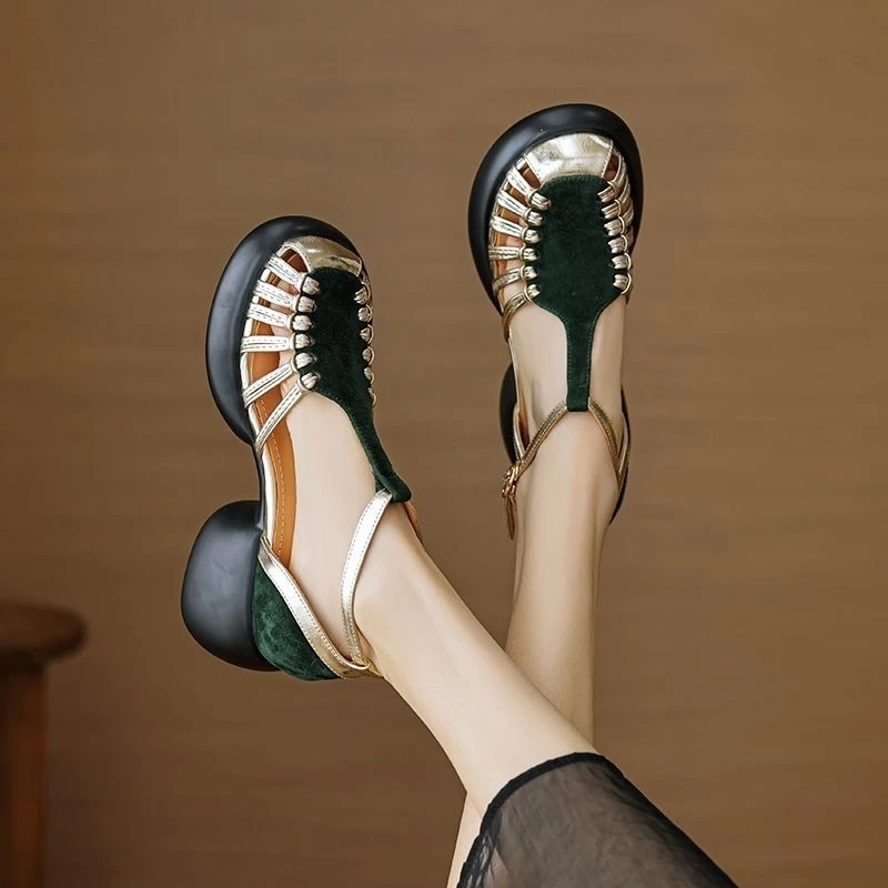 6.0CM复古风镂空拼色包头凉鞋厚底一字扣带玛丽珍鞋百搭软底女鞋.