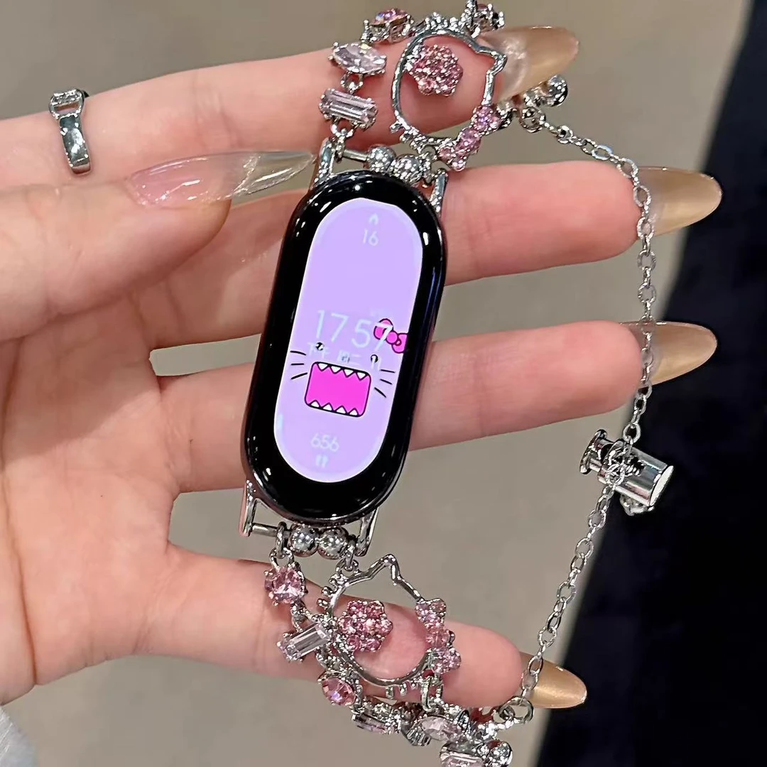 适用小米手环10表带千金风KT猫闪钻镂空金属手链表带