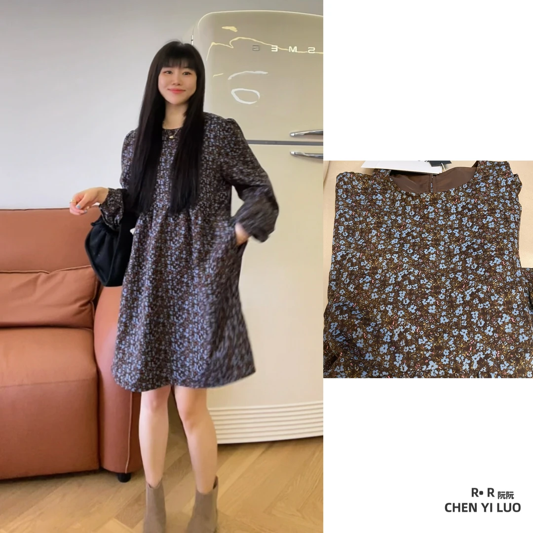 【R R 阮阮】秋冬款美拉德色系宽松连衣裙复古碎花气质显瘦8881短款