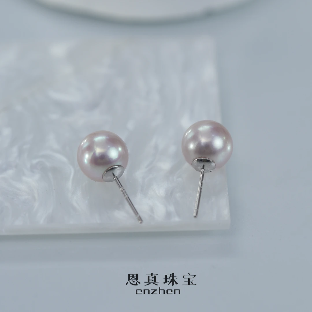 【樱花粉耳钉】强光淡水无核珍珠日常百搭款空姐素耳钉S925银 8-9mm