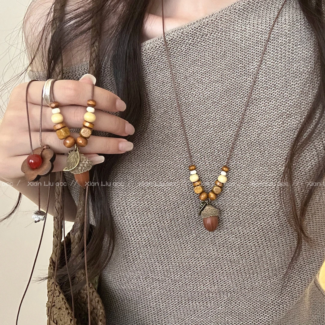 非金属布艺项链  复古民族风橡果吊坠项链女新中式古风长款锁骨链