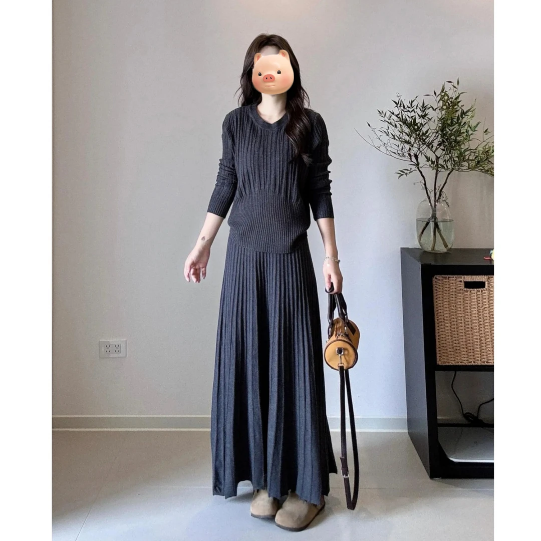 2026超火巨好看独特漂亮秋冬装一整套灰色毛衣针织半身裙两件套装