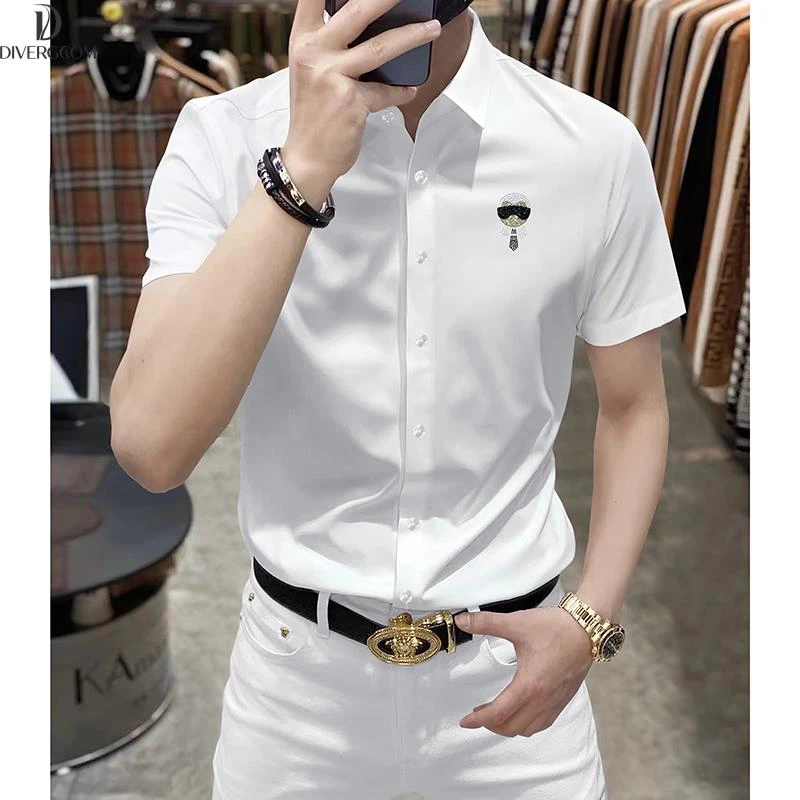 DIIIVERGOM欧洲站新款烫钻短袖衬衫男士夏季冰丝弹力修身商务休闲