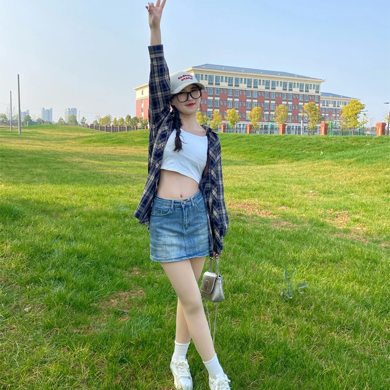 格子衬衫女长袖美式复古百搭春秋外套小个子宽松休闲衬衣韩版上衣