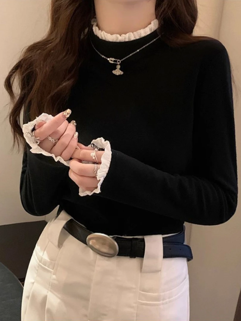 小众纯欲风长袖T恤女秋冬蕾丝边半高领打底衫德绒保暖内搭上衣服