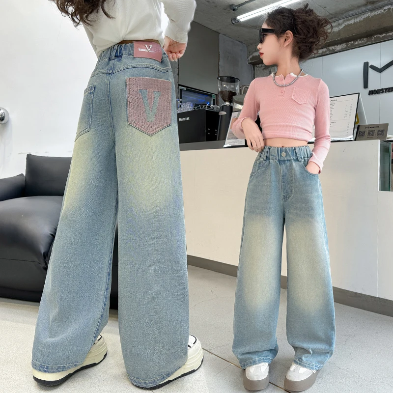 女童牛仔裤2025春季新款中大童韩版裤子潮高腰刺绣直筒宽松阔腿裤