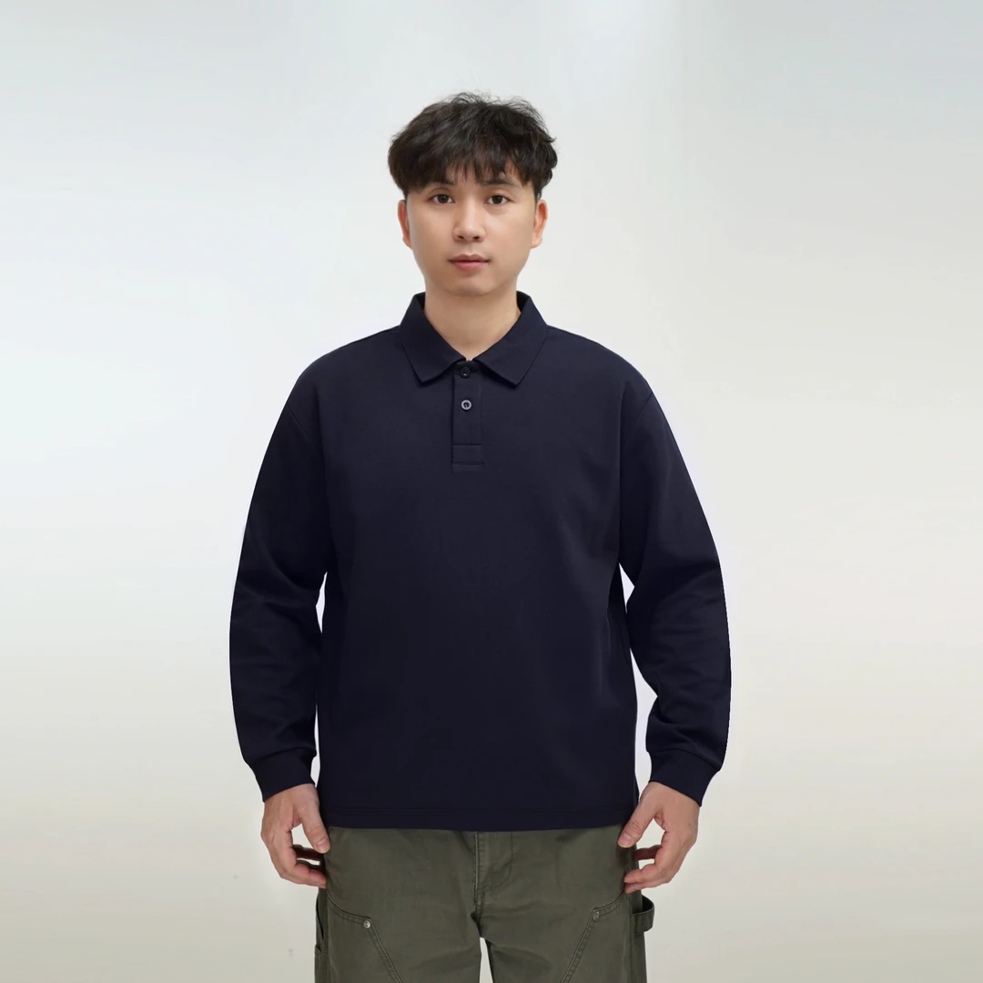 JUOILLAR短宽版长袖polo衫翻领纯色男款秋季舒适休闲简约宽松男装