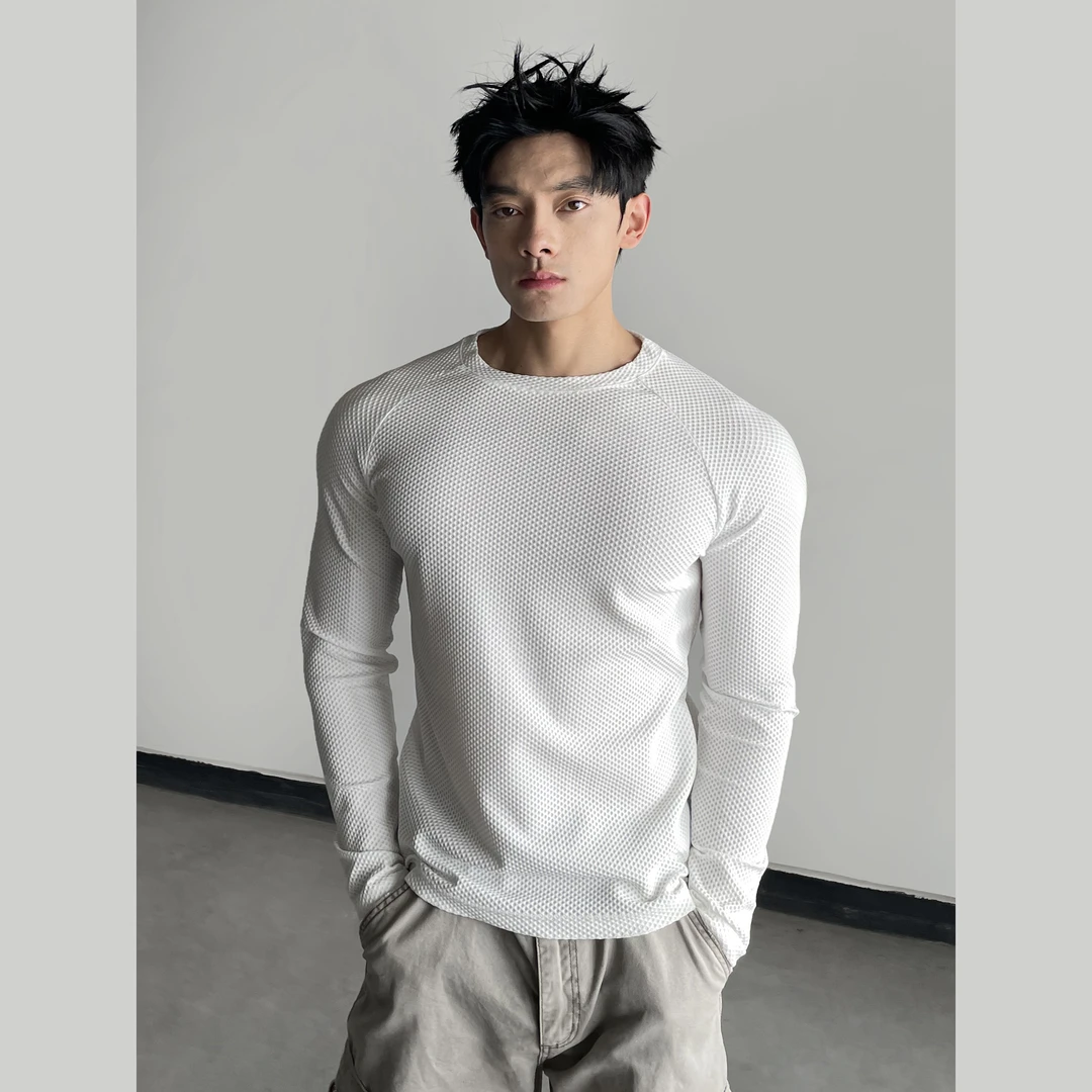 DAY NY 无缝提花高弹泡泡布运动长袖插肩袖透气秋季T恤上衣圆领