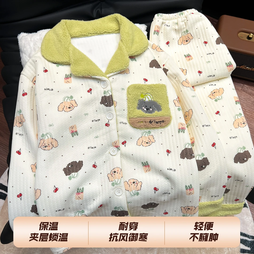 新款睡衣女甜美款秋冬保暖空气棉夹层加厚女士春秋长袖家居服套装